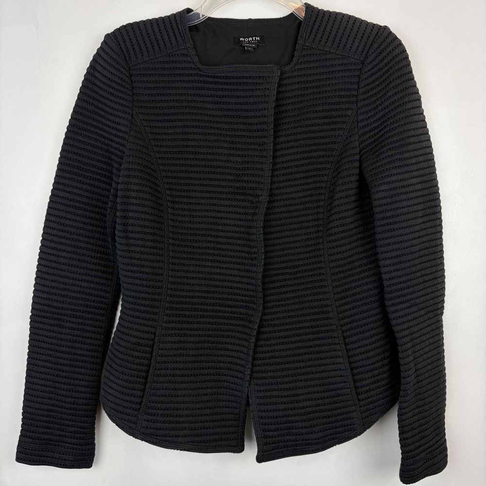 Worth New York Zip Cardigan Womens Small Black Ribbed Snap Made USA